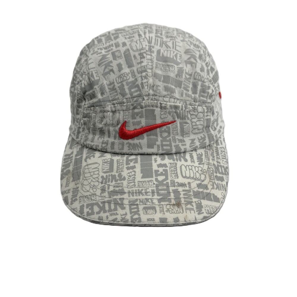 Nike 5 Panel Hat Kids 4-6X Gray Red All Over Print Logo Adjustable Cap‎